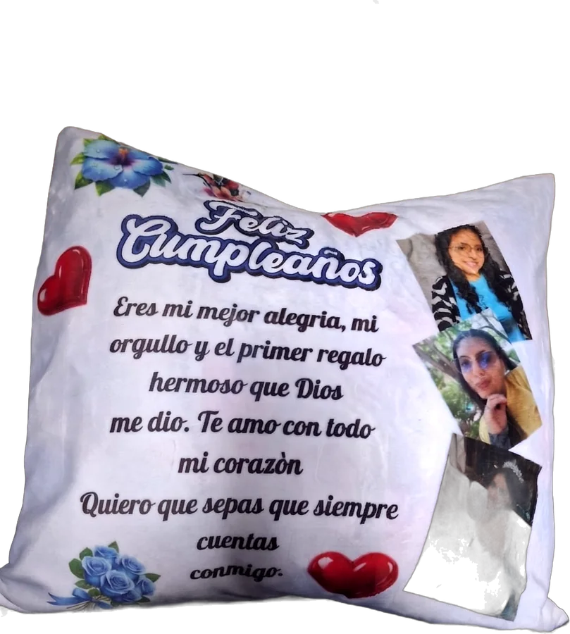 Cojín de cumpleaños con mensaje y tres fotos